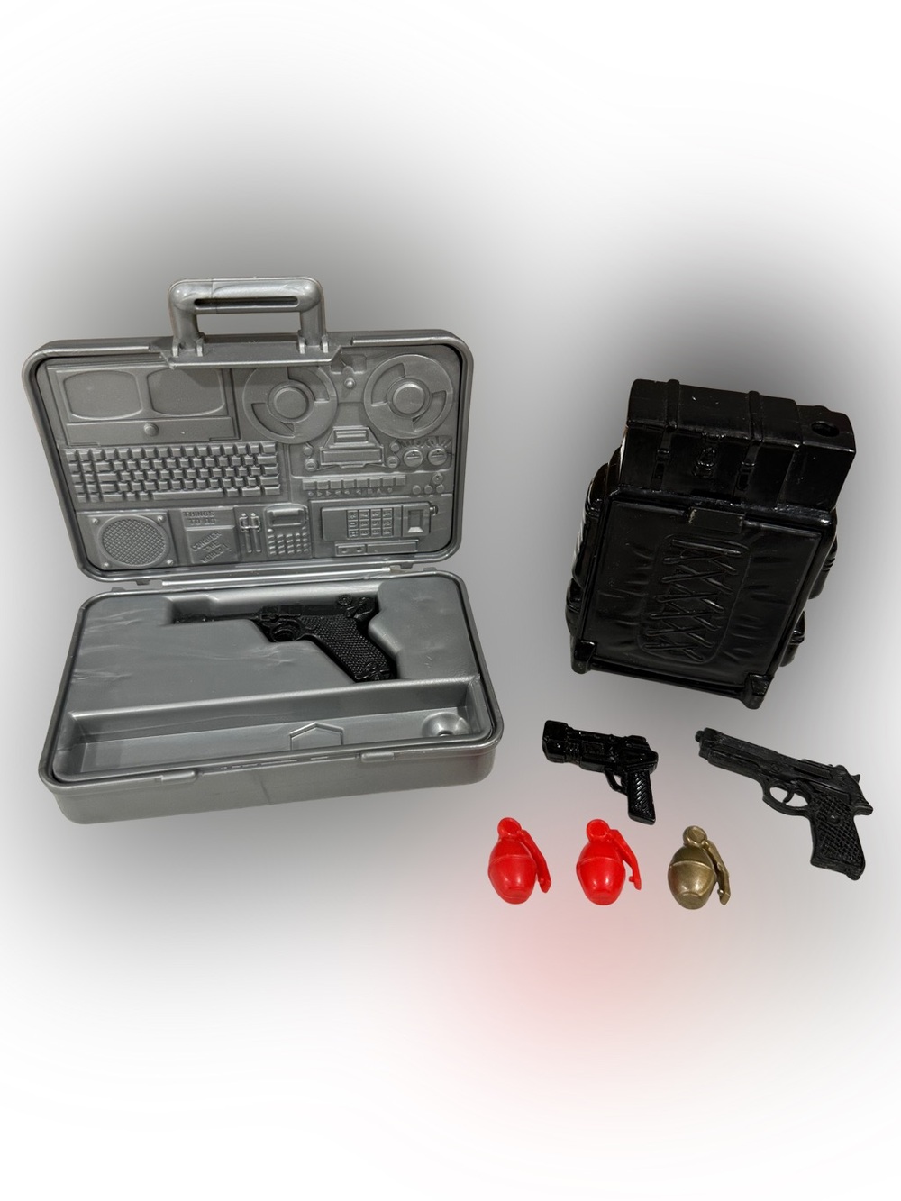 Vintage G.I. Joe Silver Weapon Brief Case & Black Backpack w/ Grenades & Weapons